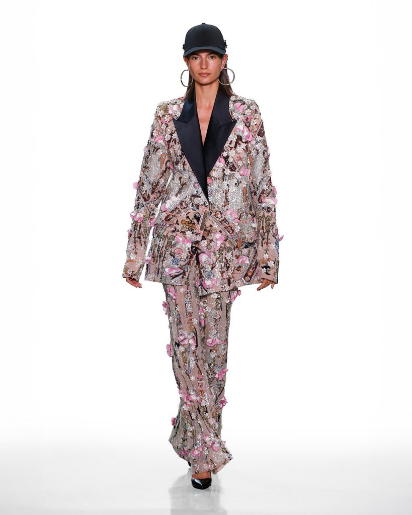 Peach, embellished blazer and pant set
