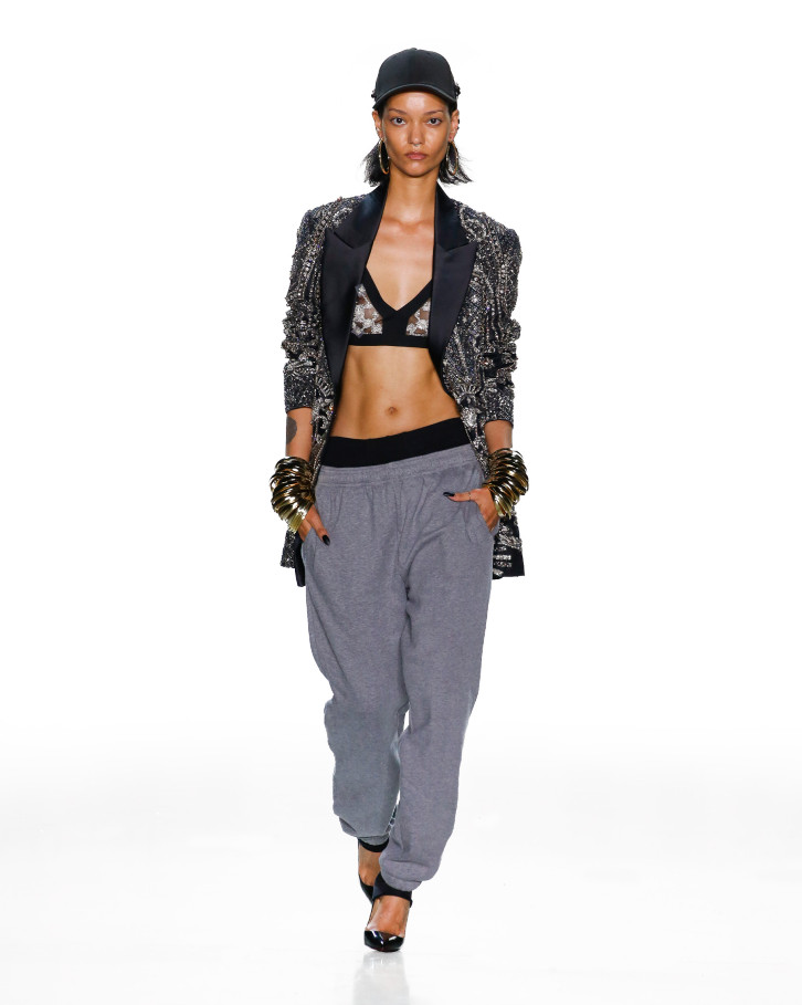 blazer with sheer bralette and sweat pants