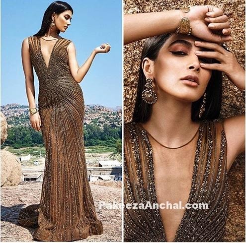Pooja Hegde bronze gold gown by Falguni Shane Peacock