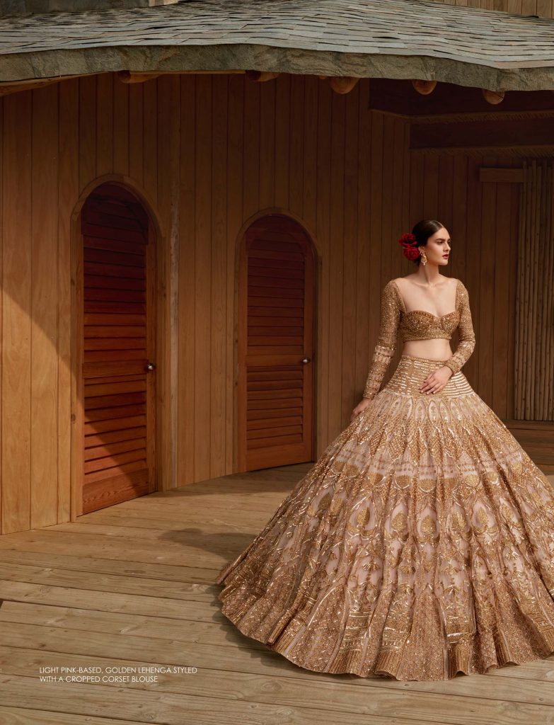 dusty rose and golden Lehengas