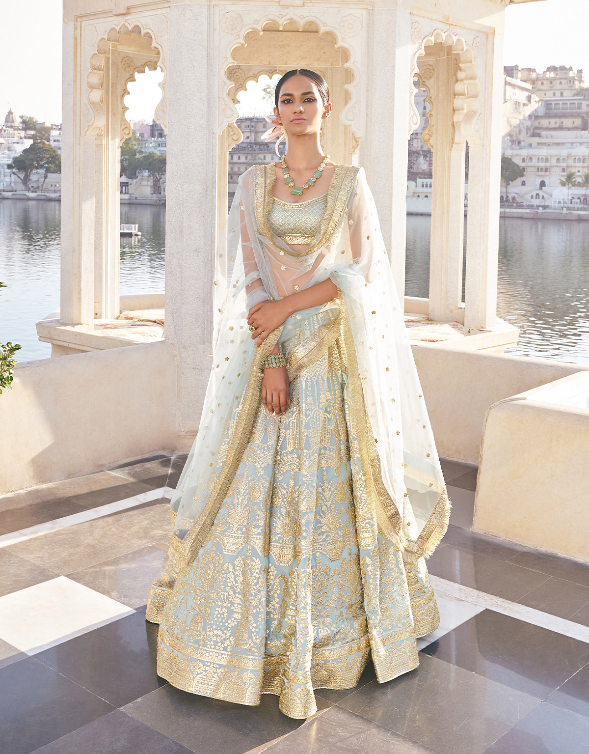 subtle sage green, Falguni Shane Peacock Lehenga