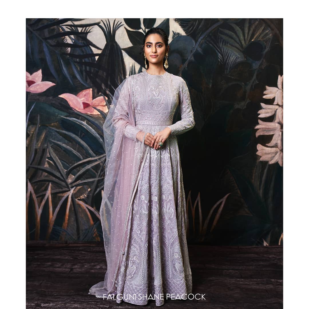Pick an Indian Anarkali suit in a softer hue but captivating details like this Falguni Shane Peacock