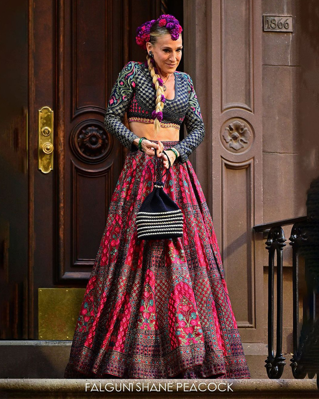 Sarah Jessica Parker was captured strutting down a staircase in a Falguni Shane Peacock Lehenga