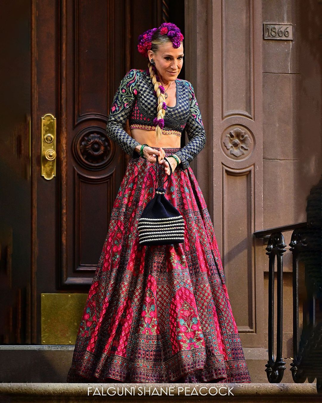 Sarah Jessica Parker was captured strutting down a staircase in a Falguni Shane Peacock Lehenga