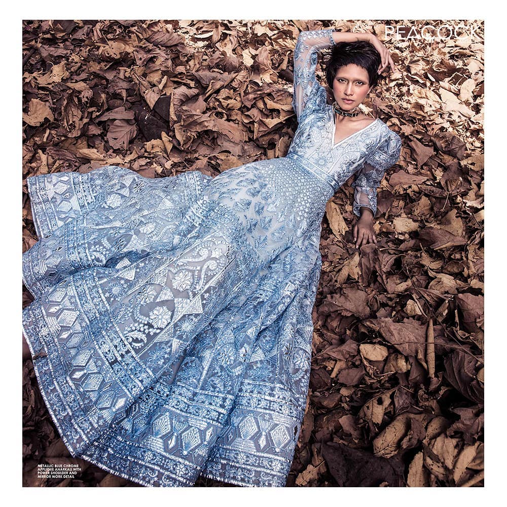 Falguni Shane Peacock, floor length, Anarkali in the shade of metallic blue