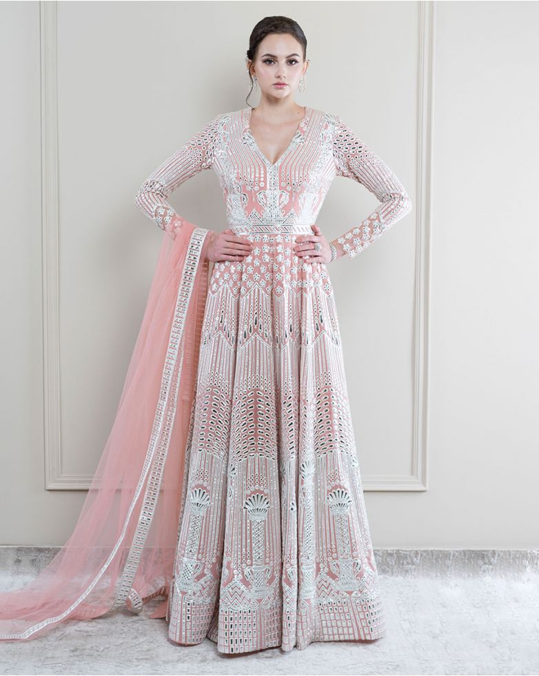 Sorbet pink, chrome applique designer Anarkali set