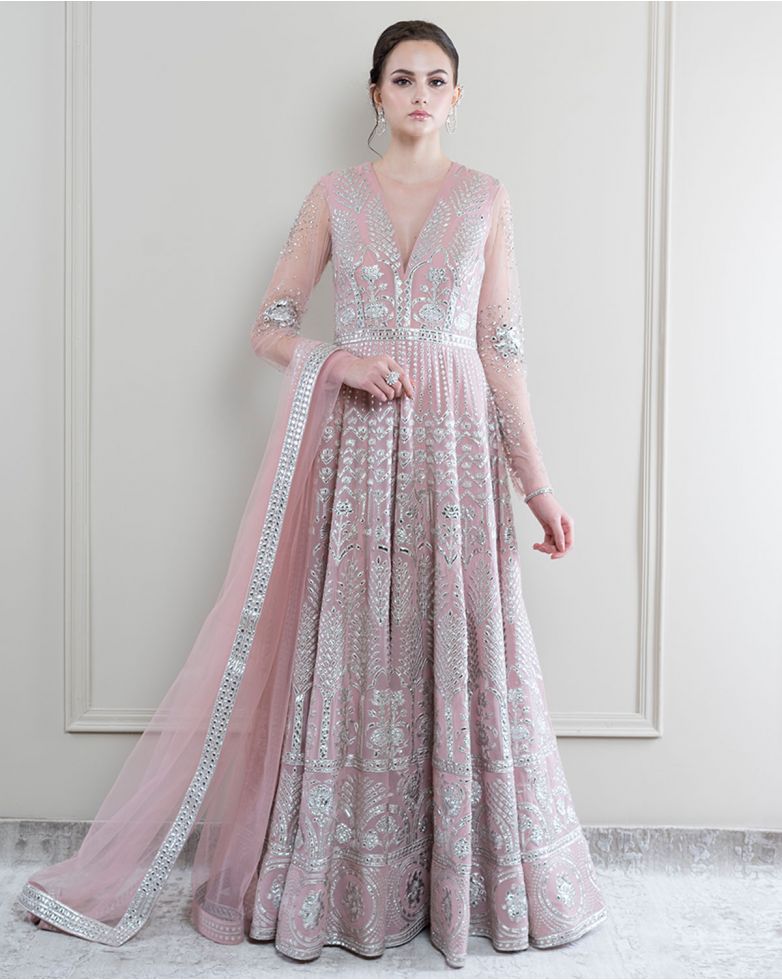 Pink, chrome applique designer Anarkali set by Falguni Shane Peacock