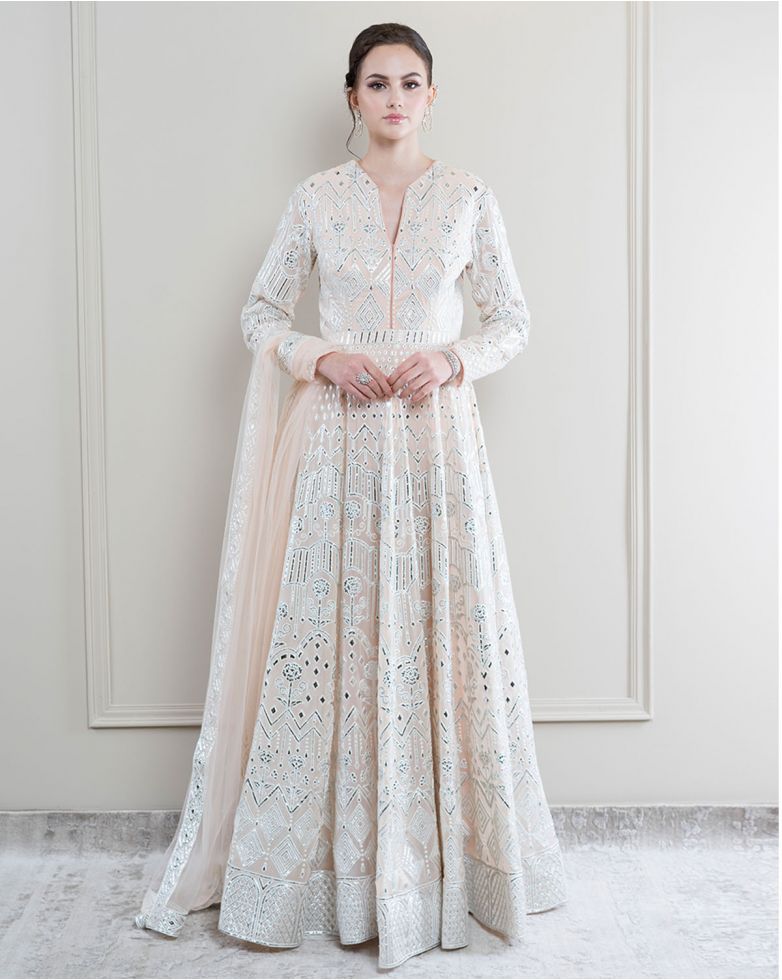 Faded peach, chrome applique Anarkali set by Falguni Shane Peacock