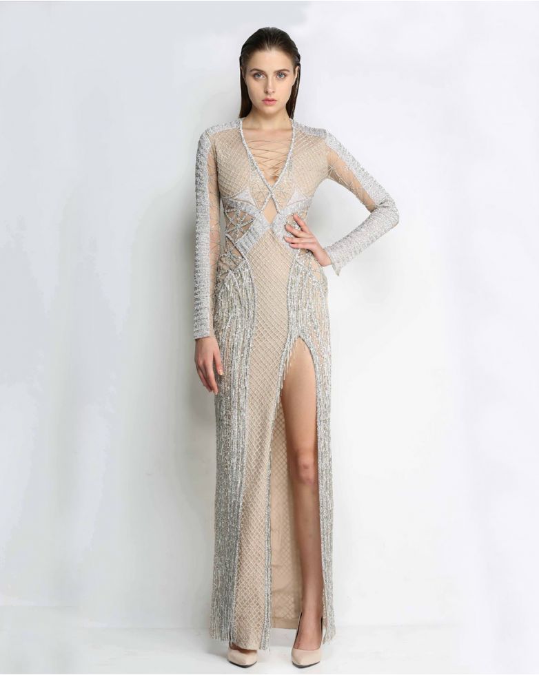 Godet Sequin Embellished V- Neck Evening Gown for Women – SleekTrends