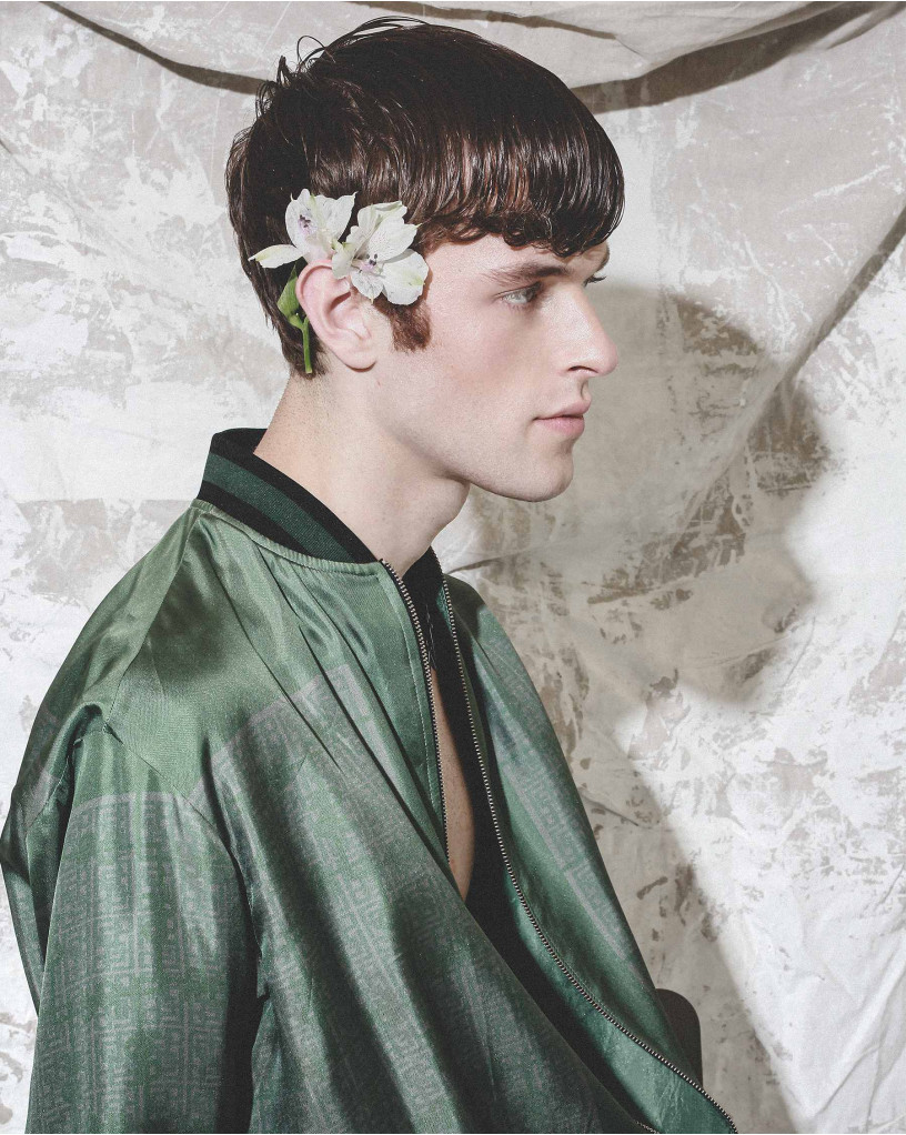 Green twill silk designer bomber jacket by Falguni Shane Peacock