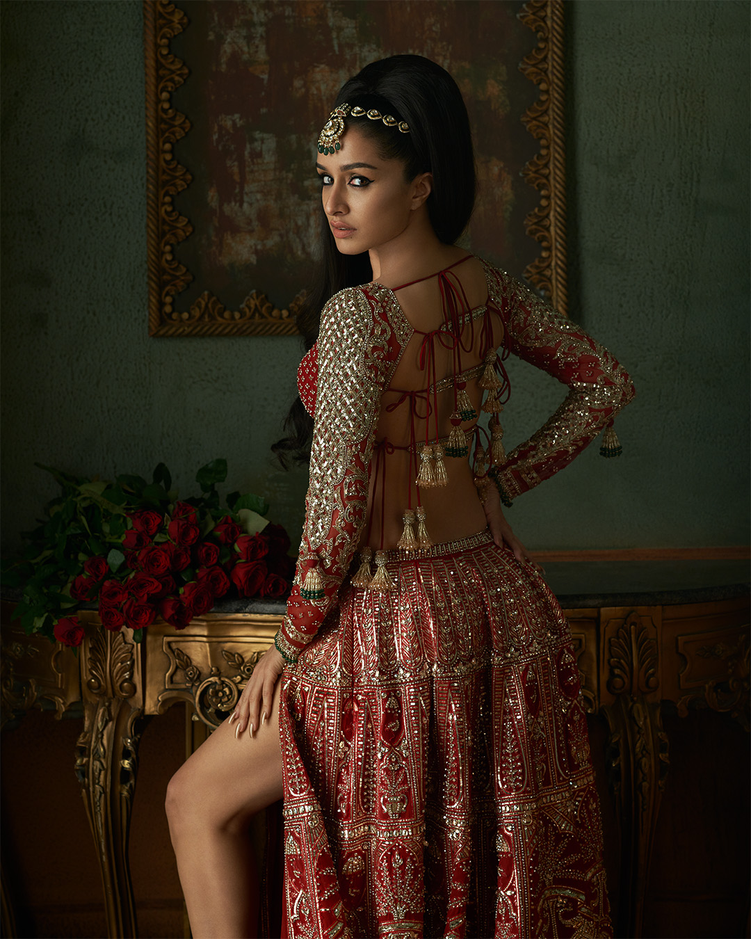 Red and light gold handcrafted Lehenga, cropped, full-sleeved blouse - Falguni Shane Peacock
