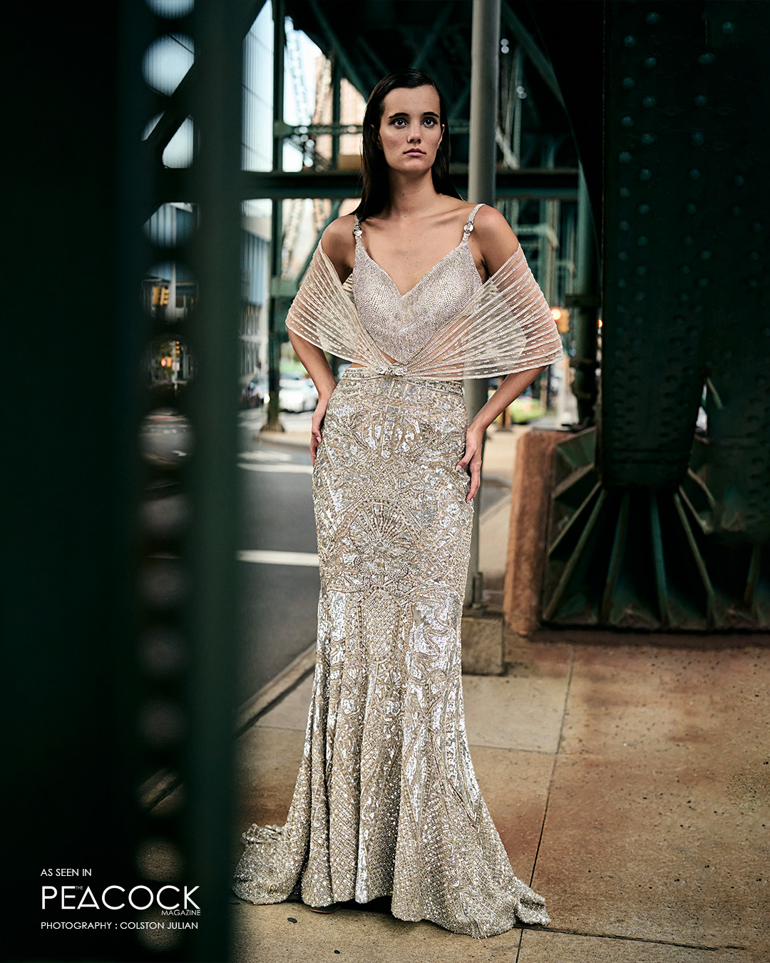 BEIGE-BASED, FITTED LONG SKIRT WITH A SHORT TRAIL AND CROP TOP