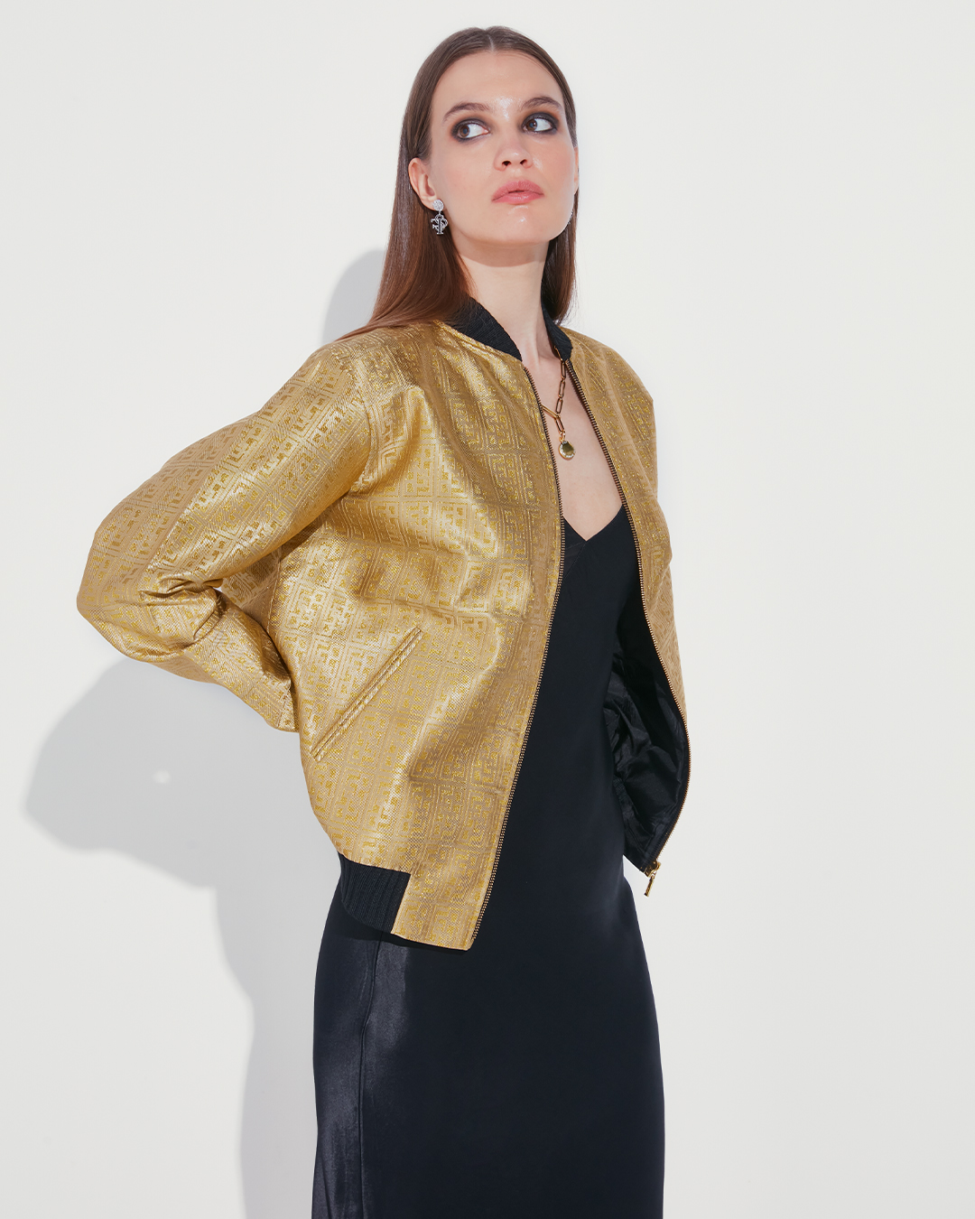 GOLDEN FSP MONOGRAMMED BOMBER JACKET - Falguni Shane Peacock