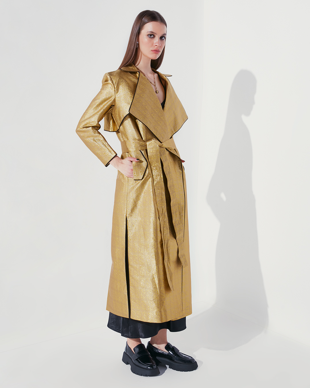 GOLDEN FSP MONOGRAMMED TRENCH COAT - Falguni Shane Peacock