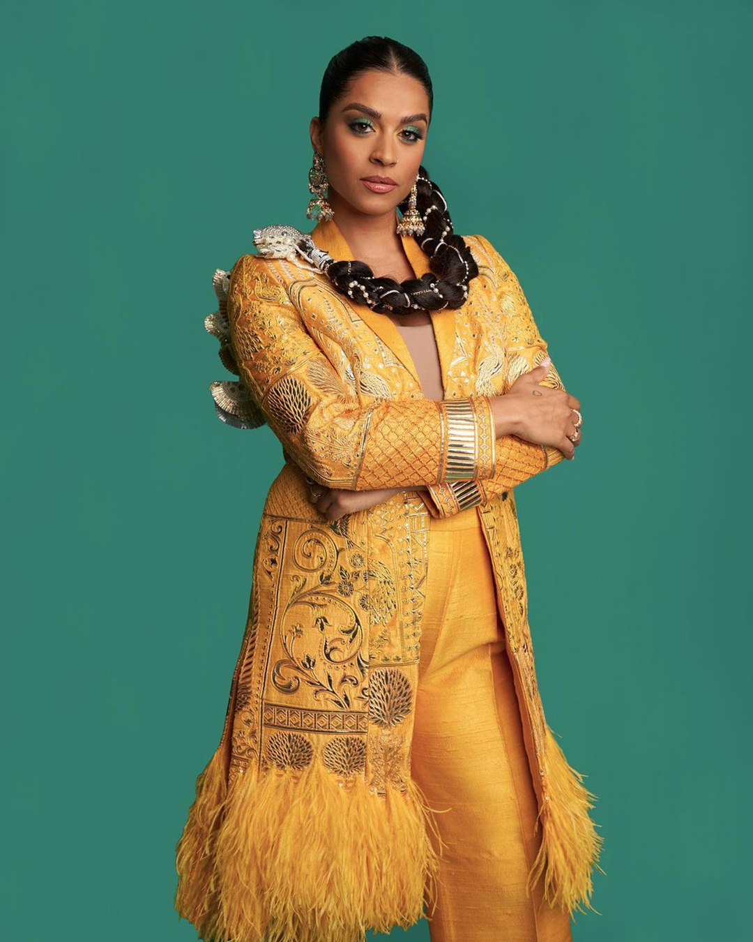 Lilly Singh in Yellow sherwani - Falguni Shane Peacock