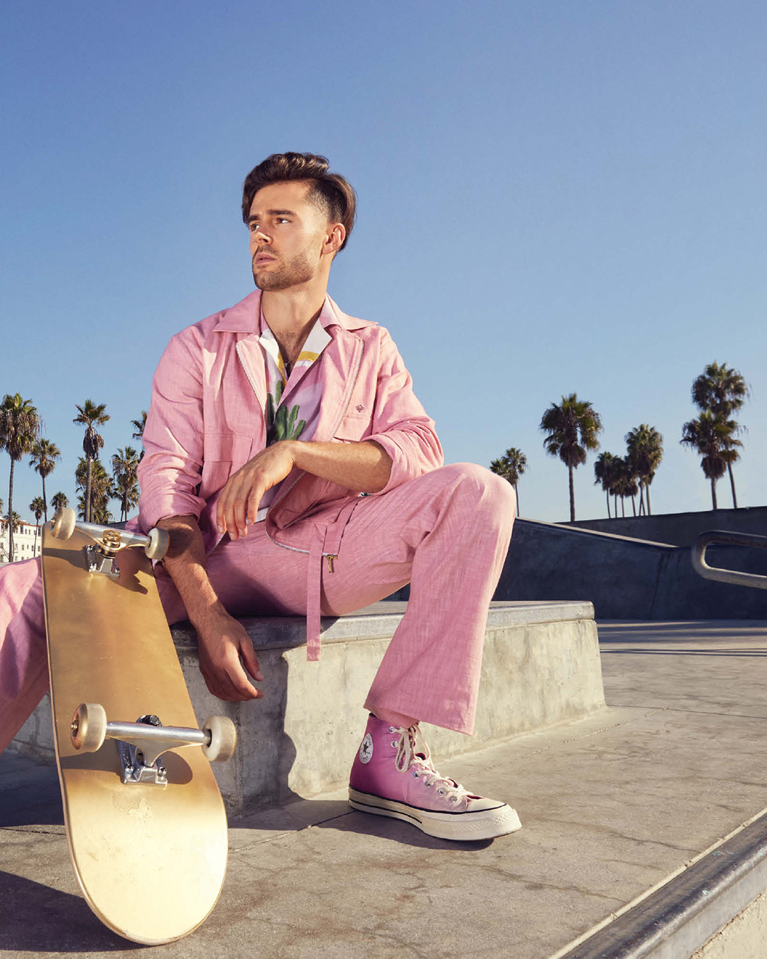 Pastel pink linen co-ord set with multicoloured short 