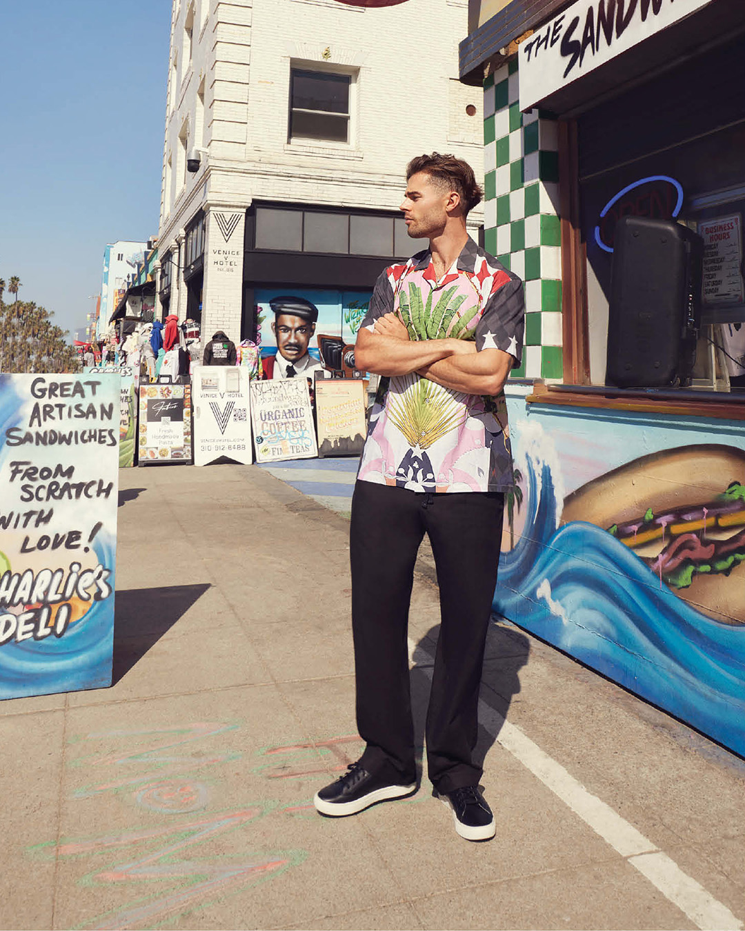 Multicoloured, printed shirt with black pants 