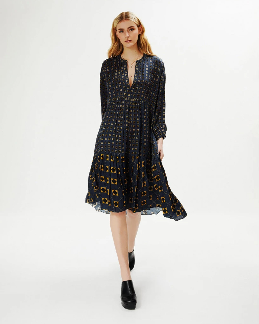 French navy blue midi dress 