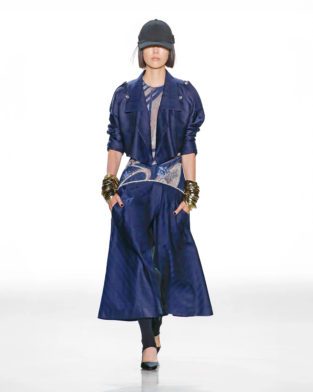 BLUE TRENCH-STYLE SLIP DRESS WITH A CROPPED JACKET