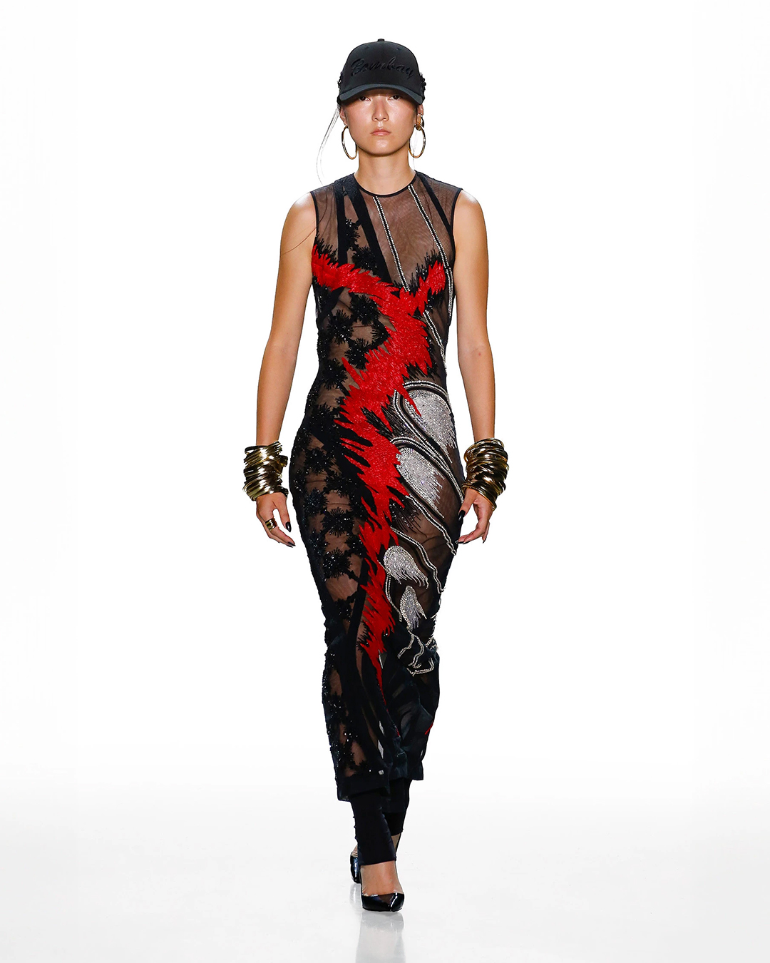 couture design-RED BLACK AND SILVER SHEER DRESS