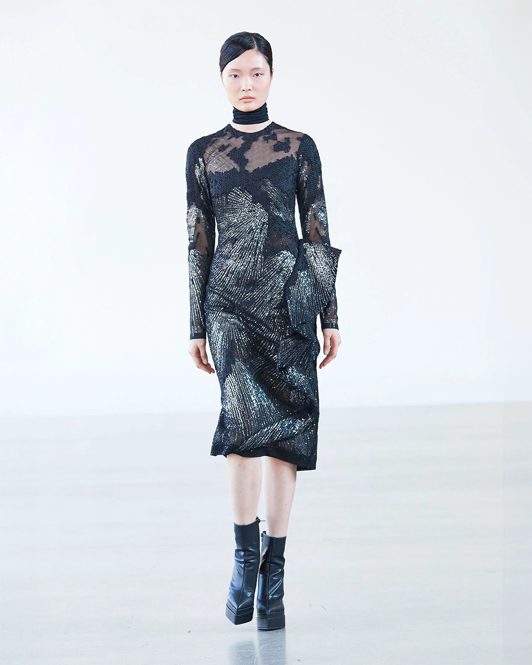 BLACK AND GUNMETAL SHEER LONG DRESS