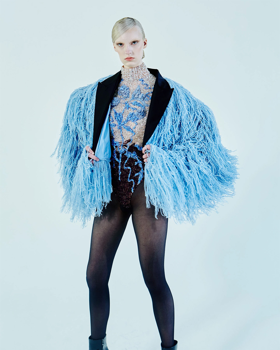 MULTICOLOURED BODYSUIT WITH POWDER BLUE JACKET