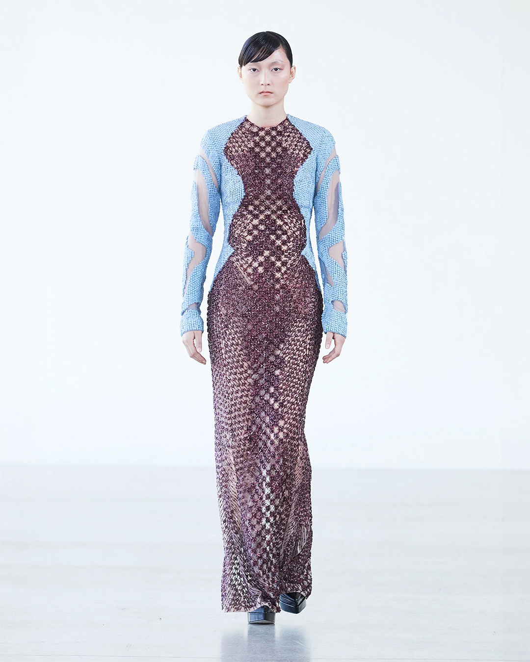 SHEER-BASED, POWDER BLUE SLEEVED LONG DRESS