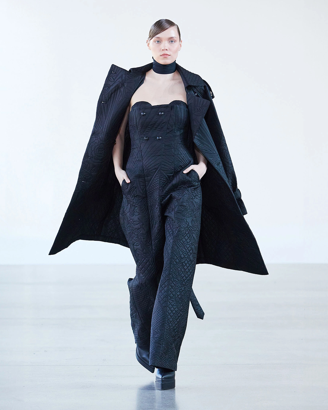 BLACK QUILTED JUMPSUIT WITH TRENCH COAT