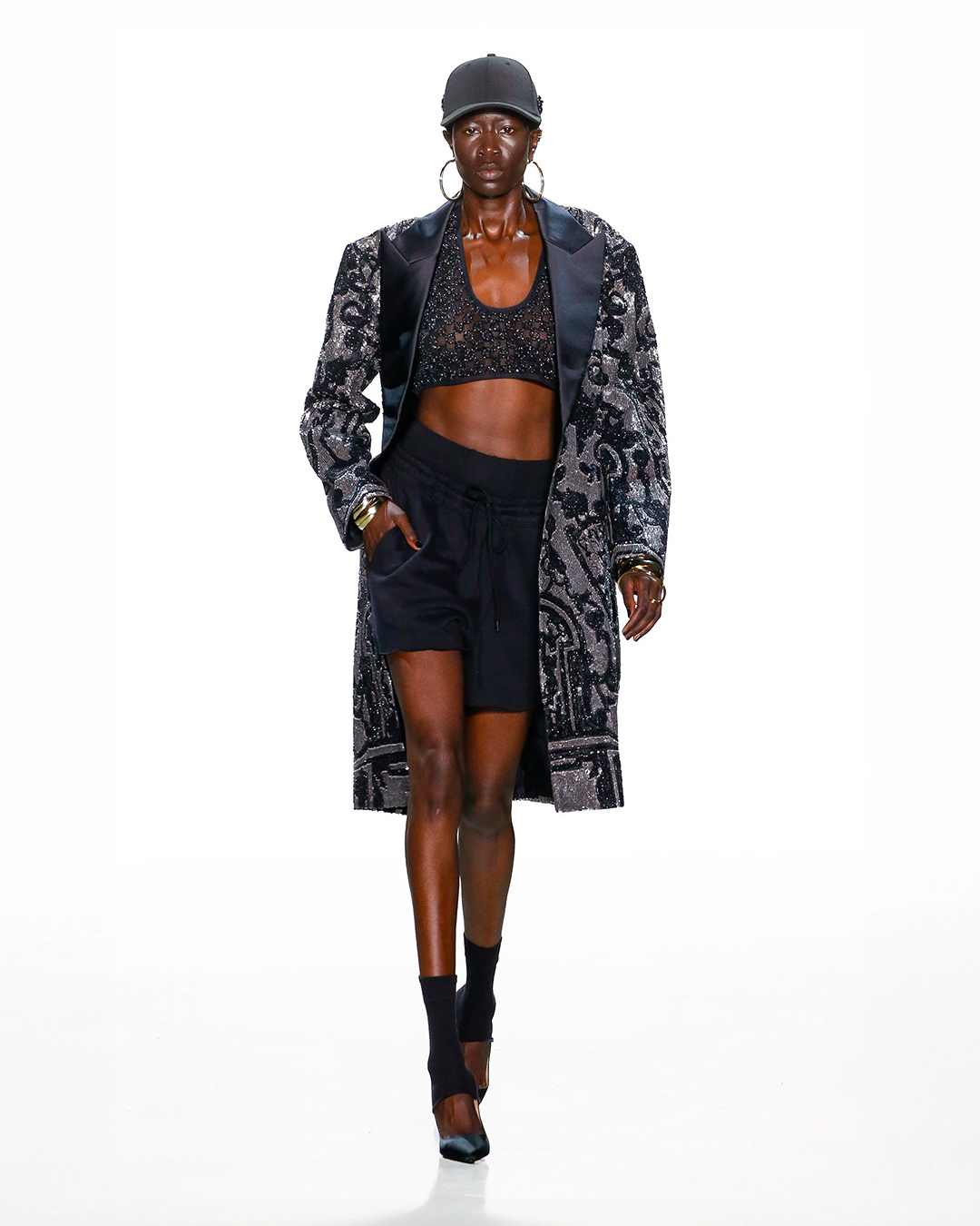 SHEER TOP AND SHORTS WITH BLACK TRENCH COAT