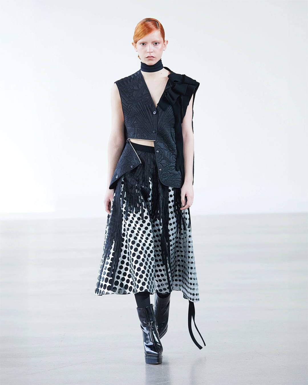 BLACK ZIPPER JACKET AND CHROME APPLIQUE SKIRT