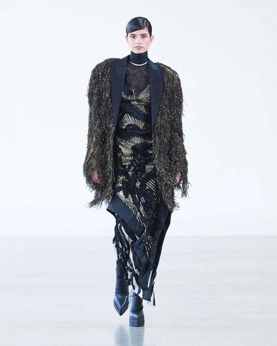 BLACK EMBROIDERED LONG DRESS WITH BLACK GOLD JACKET