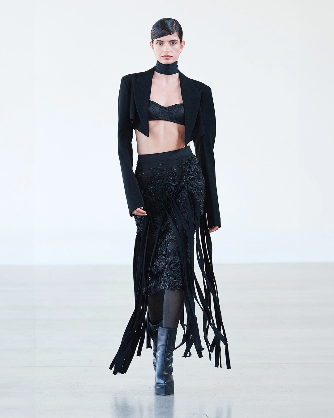 BLACK FRINGED SKIRT WITH BRALETTE AND SHORT JACKET