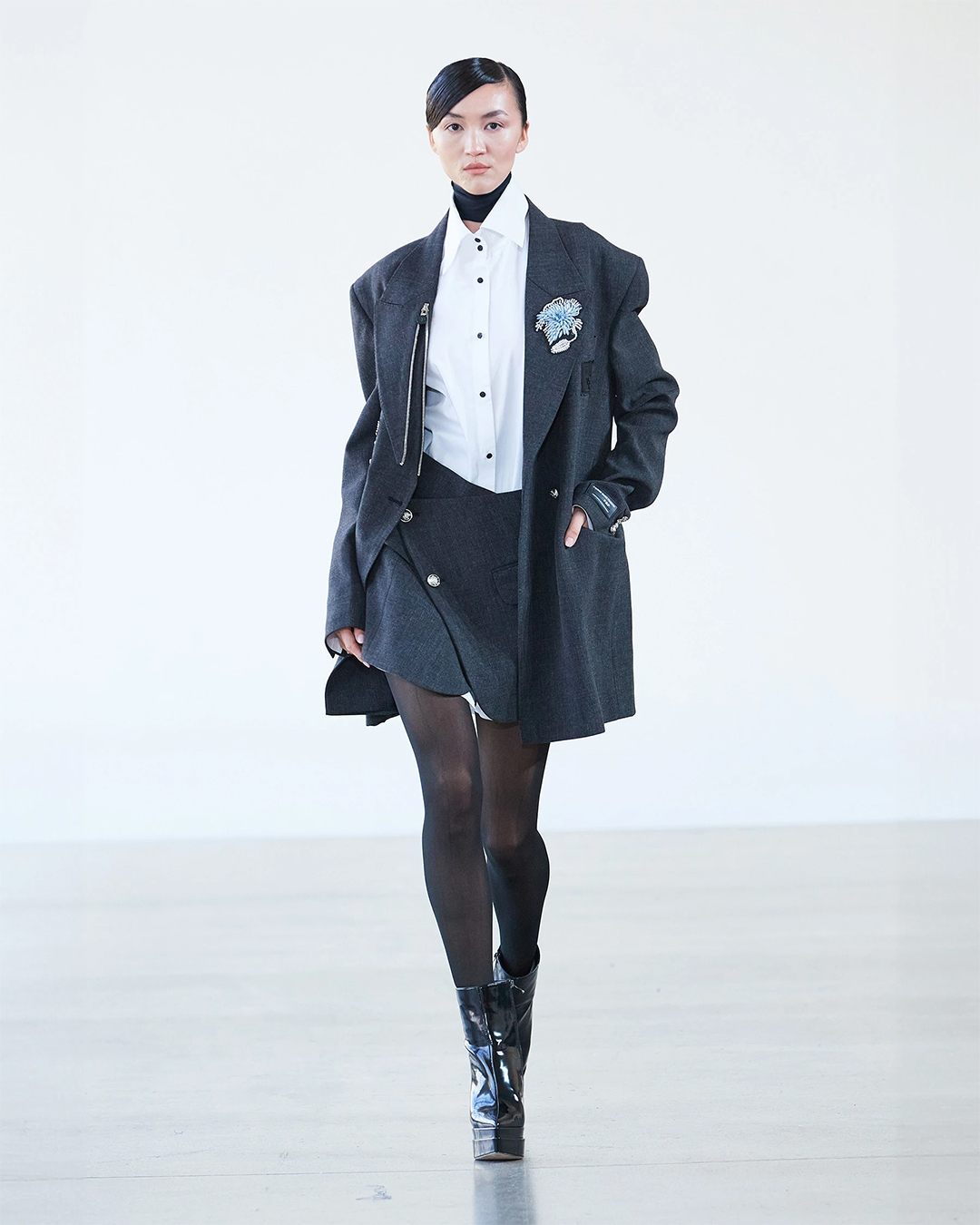 GREY BLAZER WITH SHORT SKIRT AND WHITE SHIRT