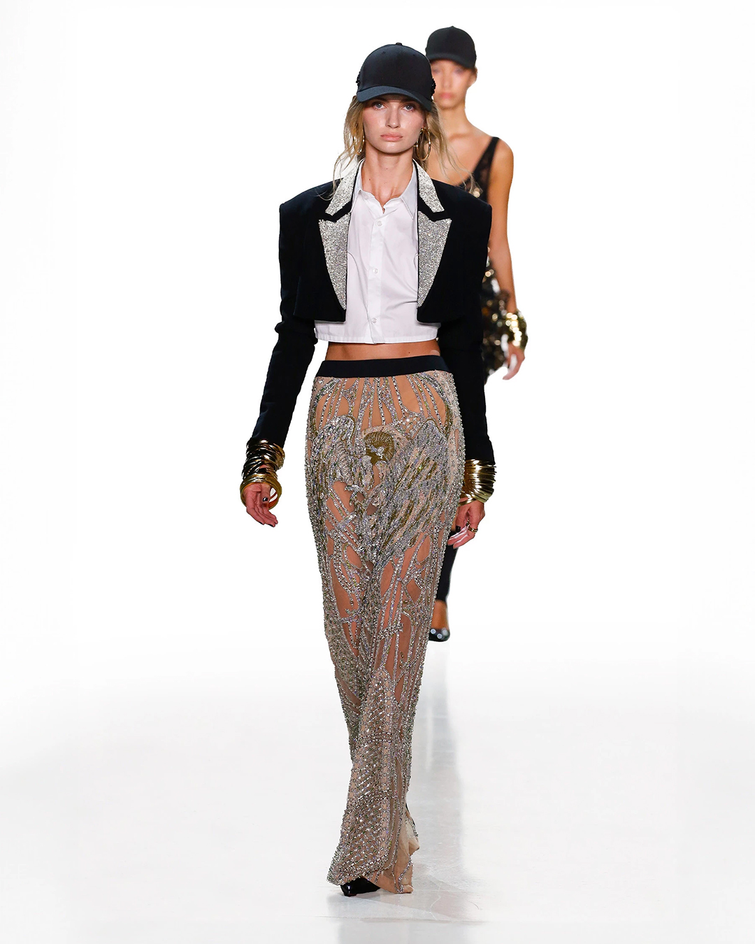 Sheer long skirt with a white shirt and a cropped blazer