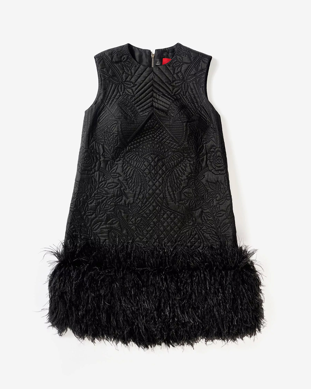 BLACK QUILTED SHORT DRESS WITH FEATHER ACCENTS