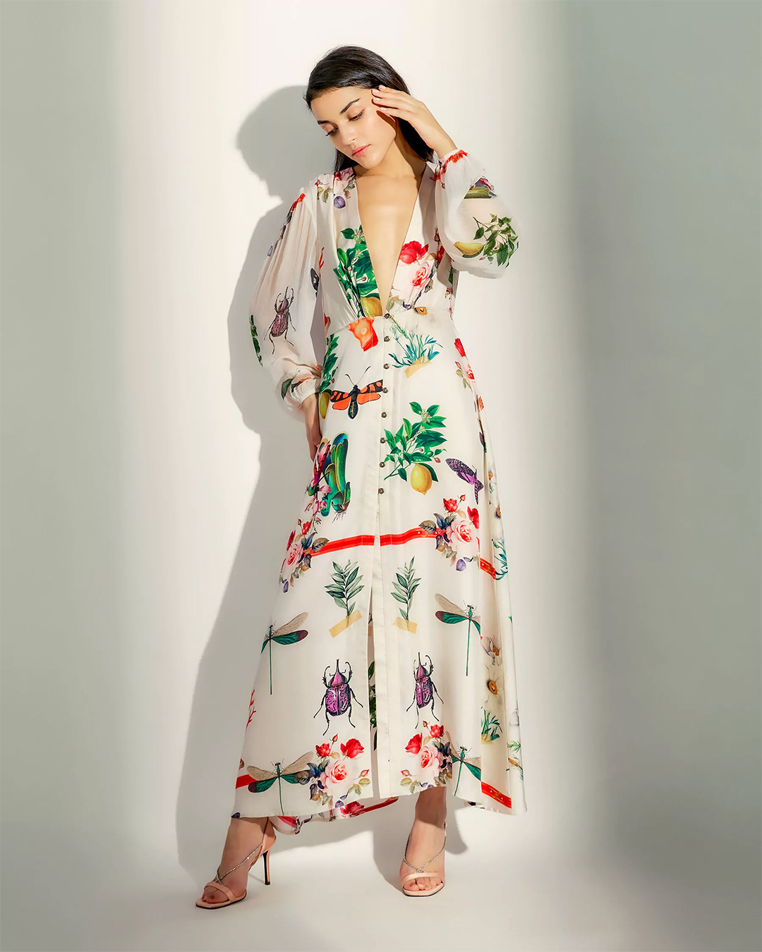 FLORAL PRISM V-NECK LONG DRESS
