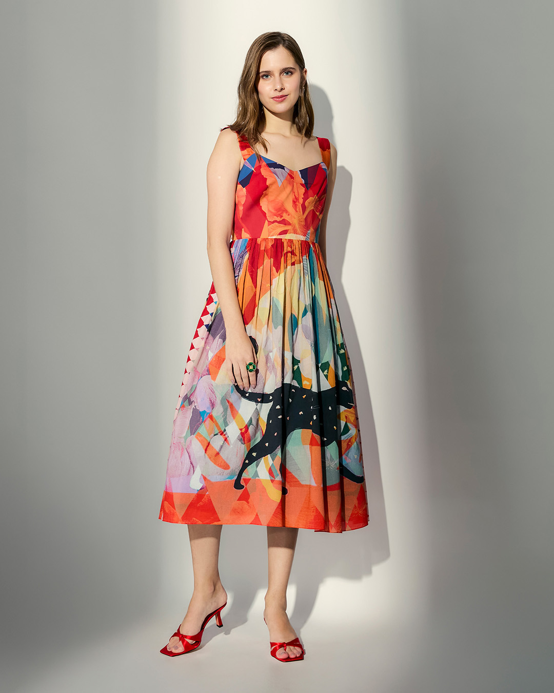 FELINE BEAUTY FLARED MIDI DRESS