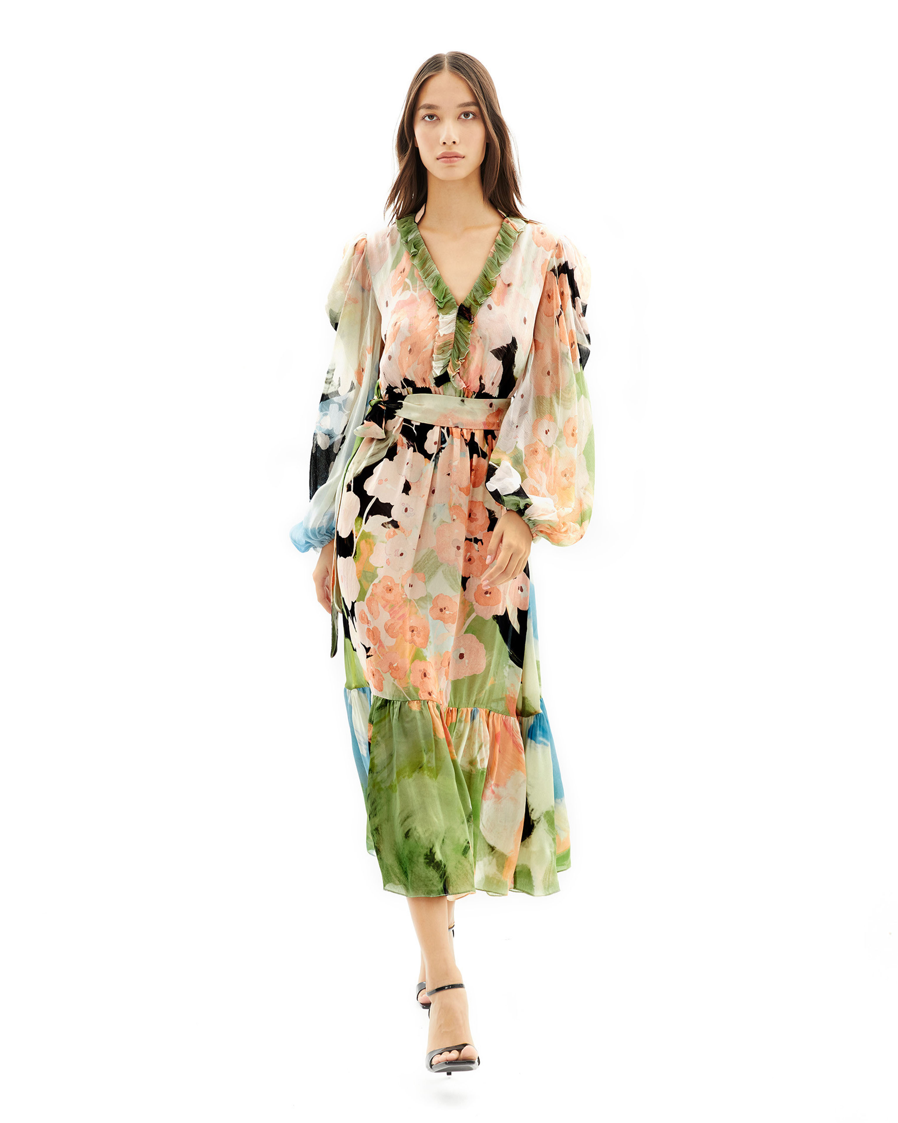 Bohemian Blooms midi ruffle cocktail dress 