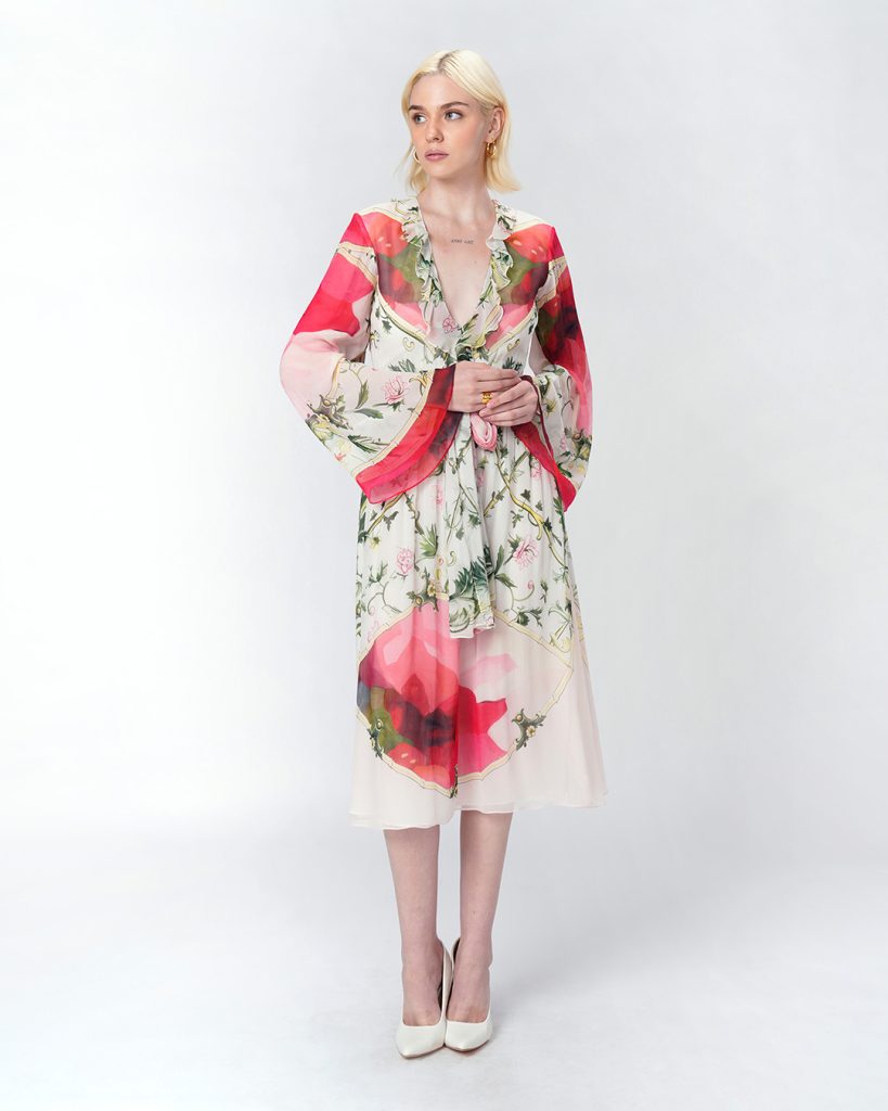Secret-Garden-floral-print-midi-dress-with-ruffle-neckline-and-bell-sleeves