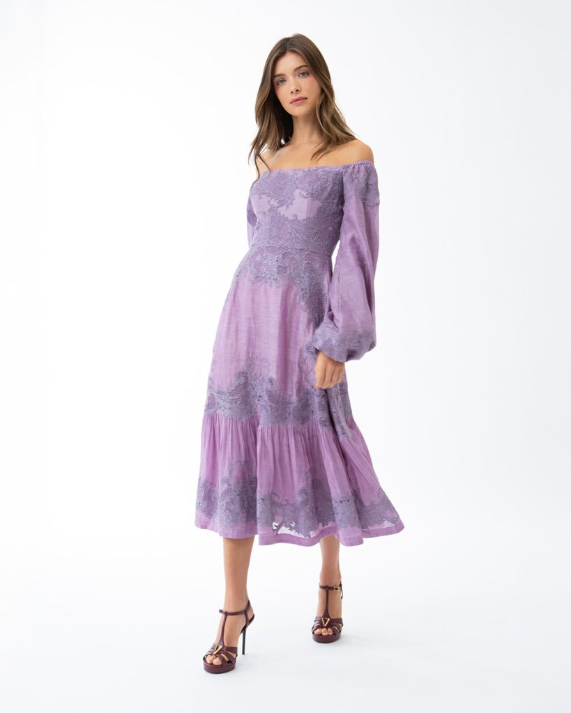 Violet-embroidered-lace-off-shoulder-midi-dress-with-long-sleeves