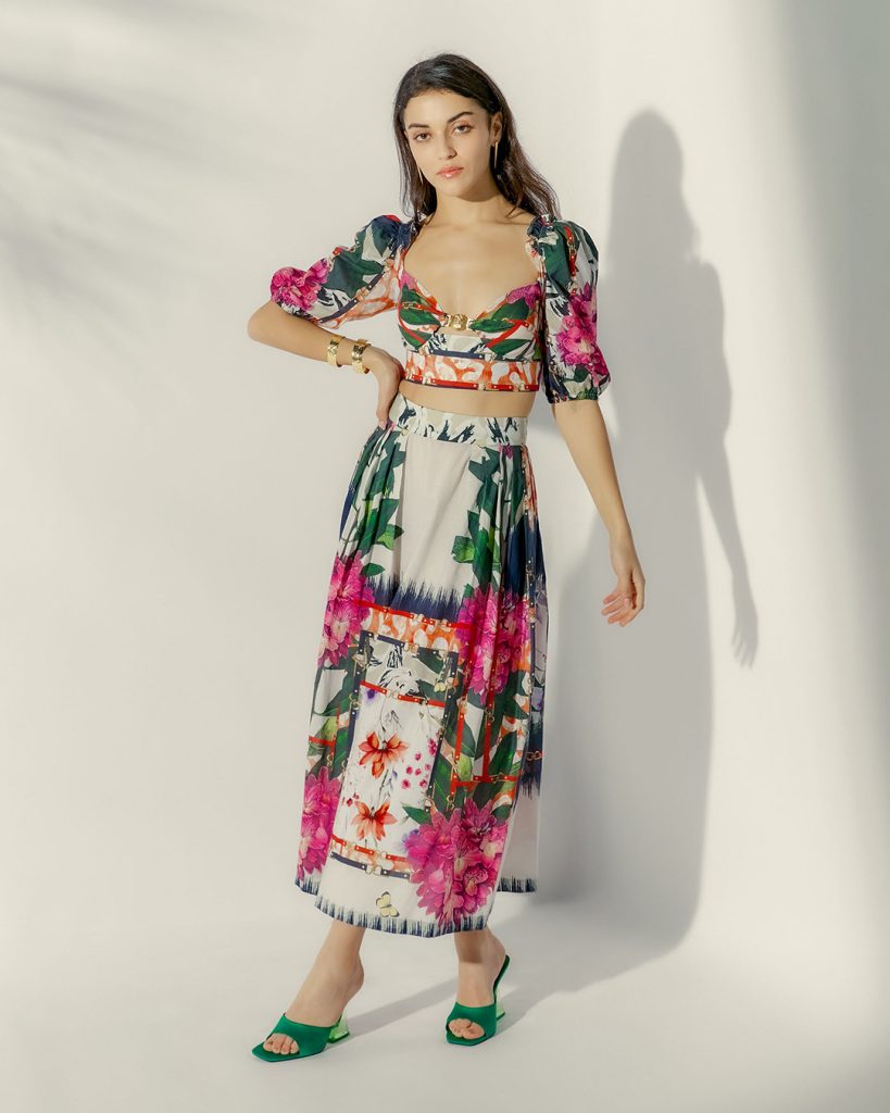 Floral puff-sleeve crop top and midi skirt co-ord set