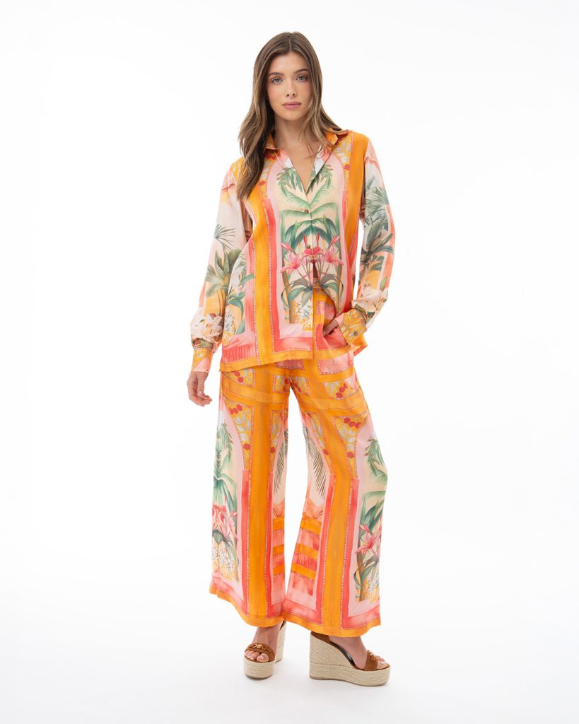 Orange tropical print shirt and loose pants co-ord set