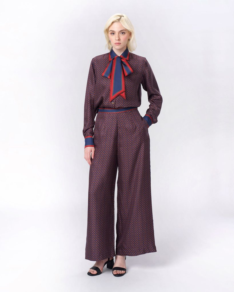 Oxblood geometric print blouse and wide-leg pants co-ord set